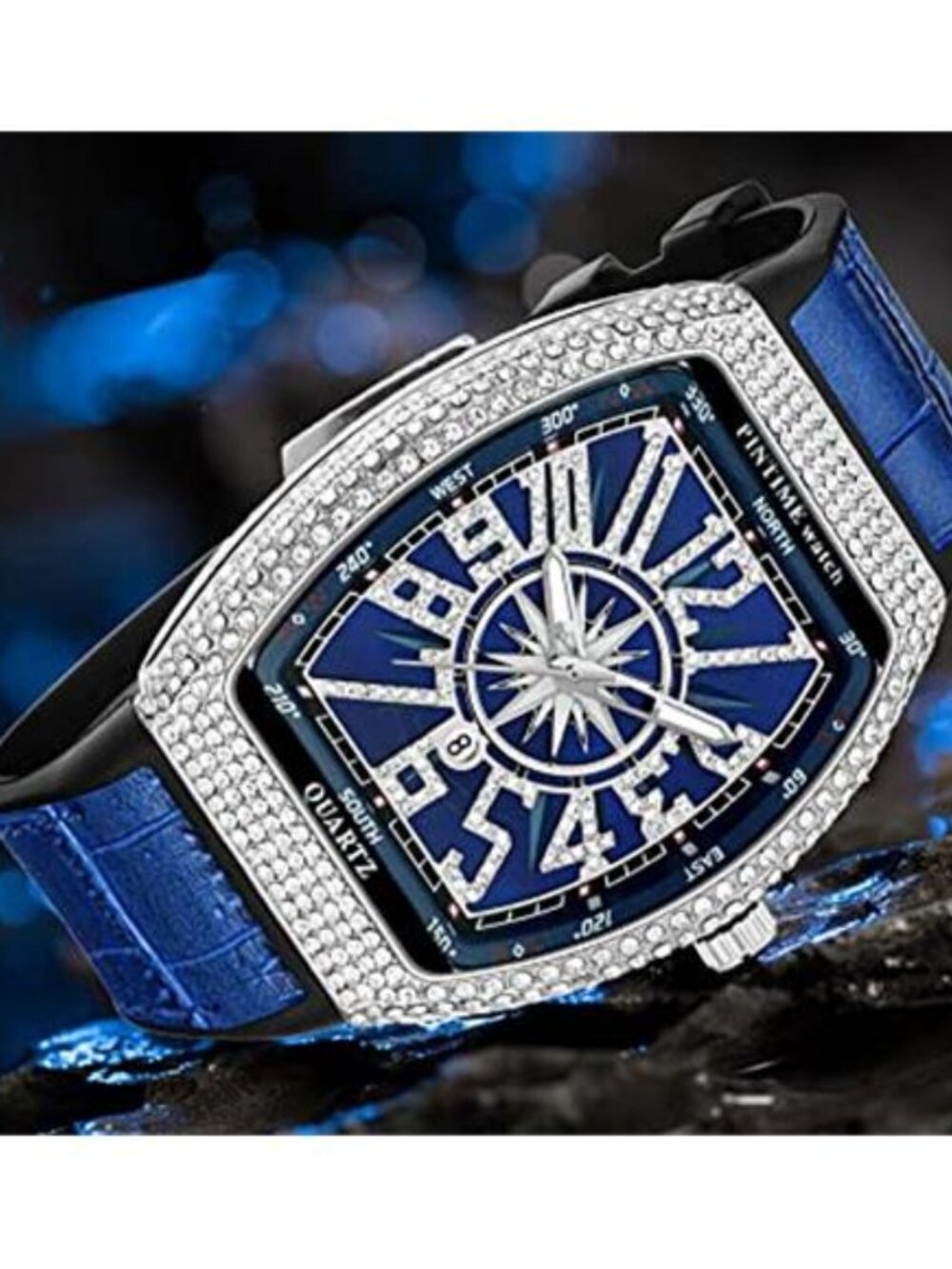 Men's Fashion Cool Unique Tonneau Watch Bling Crystal Rhinestone Quartz - Picture 3 of 6